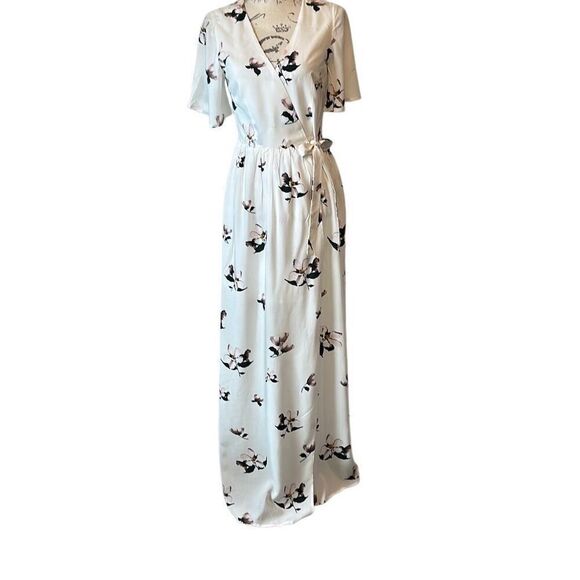 TOBI White Dogwood Flower Wrap Maxi Flutter Sleeve Dress M - Picture 1 of 15